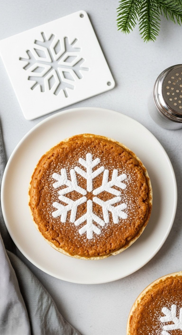 Perfect powdered snowflake coffee art with stencil and shaker on a white ceramic plate against a blurred bright background