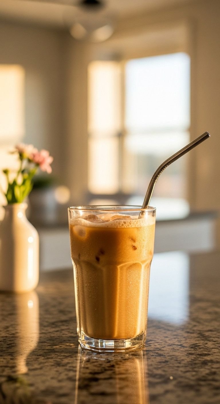 The Secret To Smooth Iced Protein Coffee That Never Clumps 13 Perfectly smooth iced protein coffee in a glass with a metal straw on granite, condensation visible. Refreshing, healthy drink.