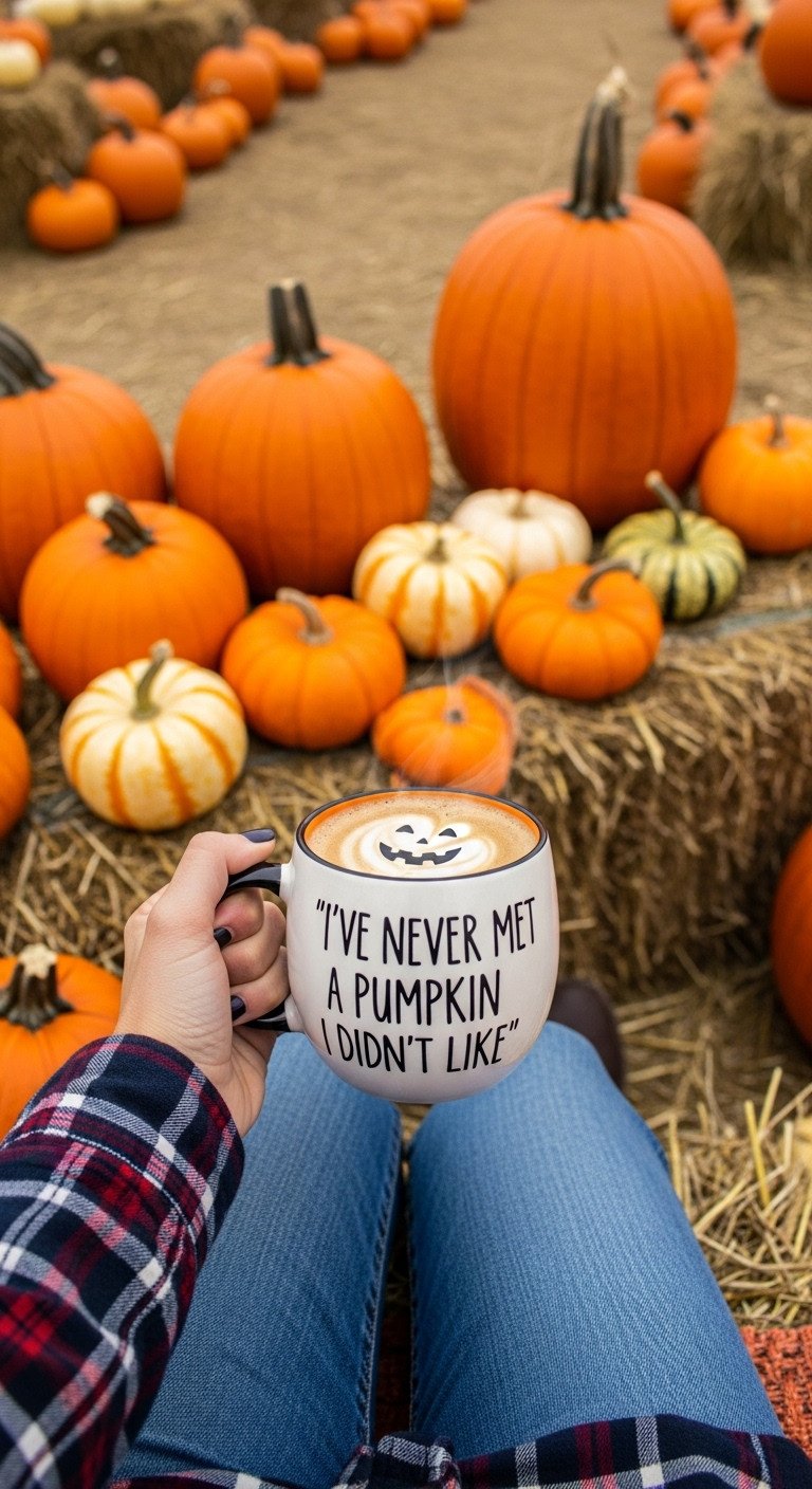 Person holding a jack-o'-lantern coffee mug surrounded by pumpkins of all sizes in a sunny pumpkin patch