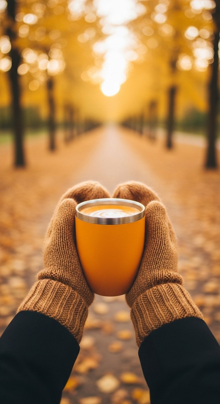 13 Cozy Pumpkin Coffee Aesthetic Ideas for Fall Vibes 21 Person holding a travel mug of pumpkin coffee walking through a park with colorful autumn leaves and cozy mittens