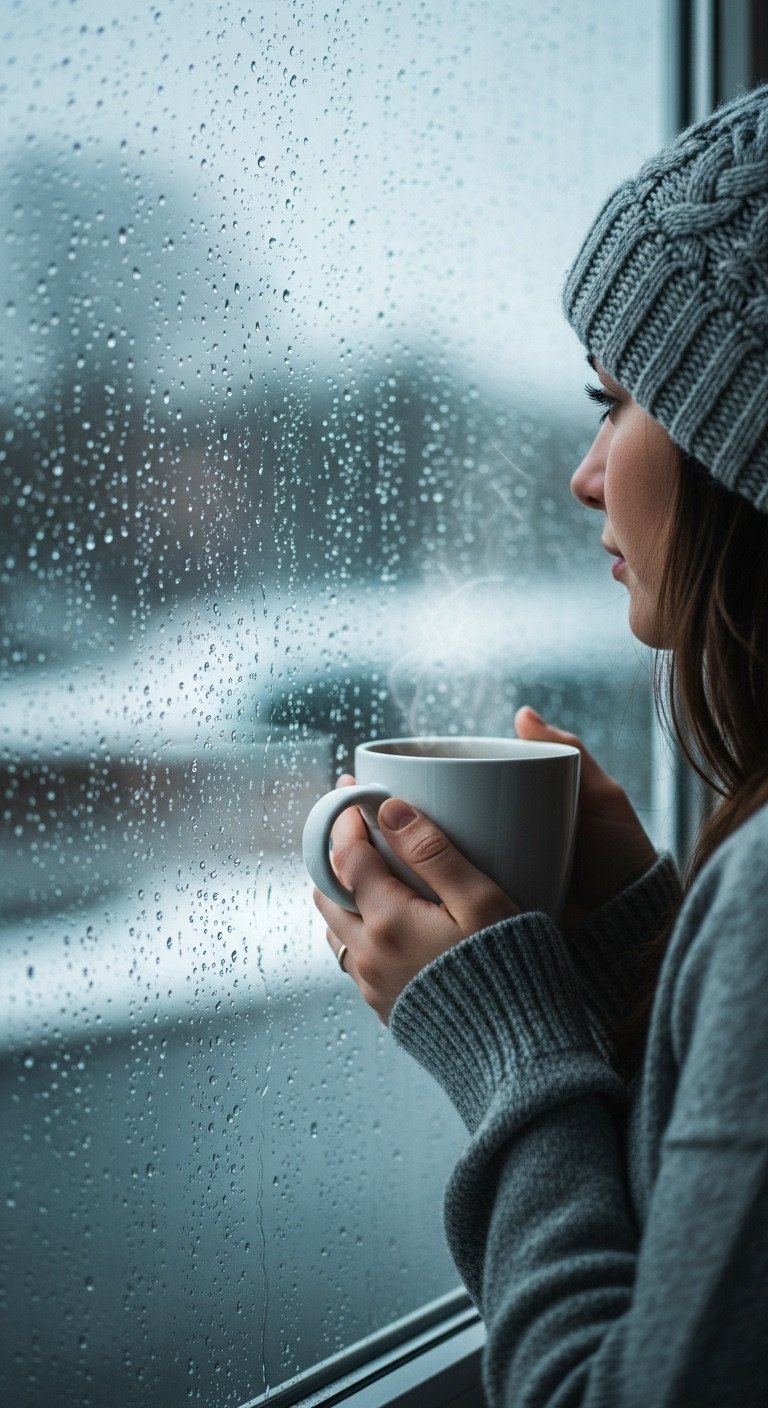 Person holding a warm coffee mug, looking out a rainy window, with cozy reflection. Serene winter scene.