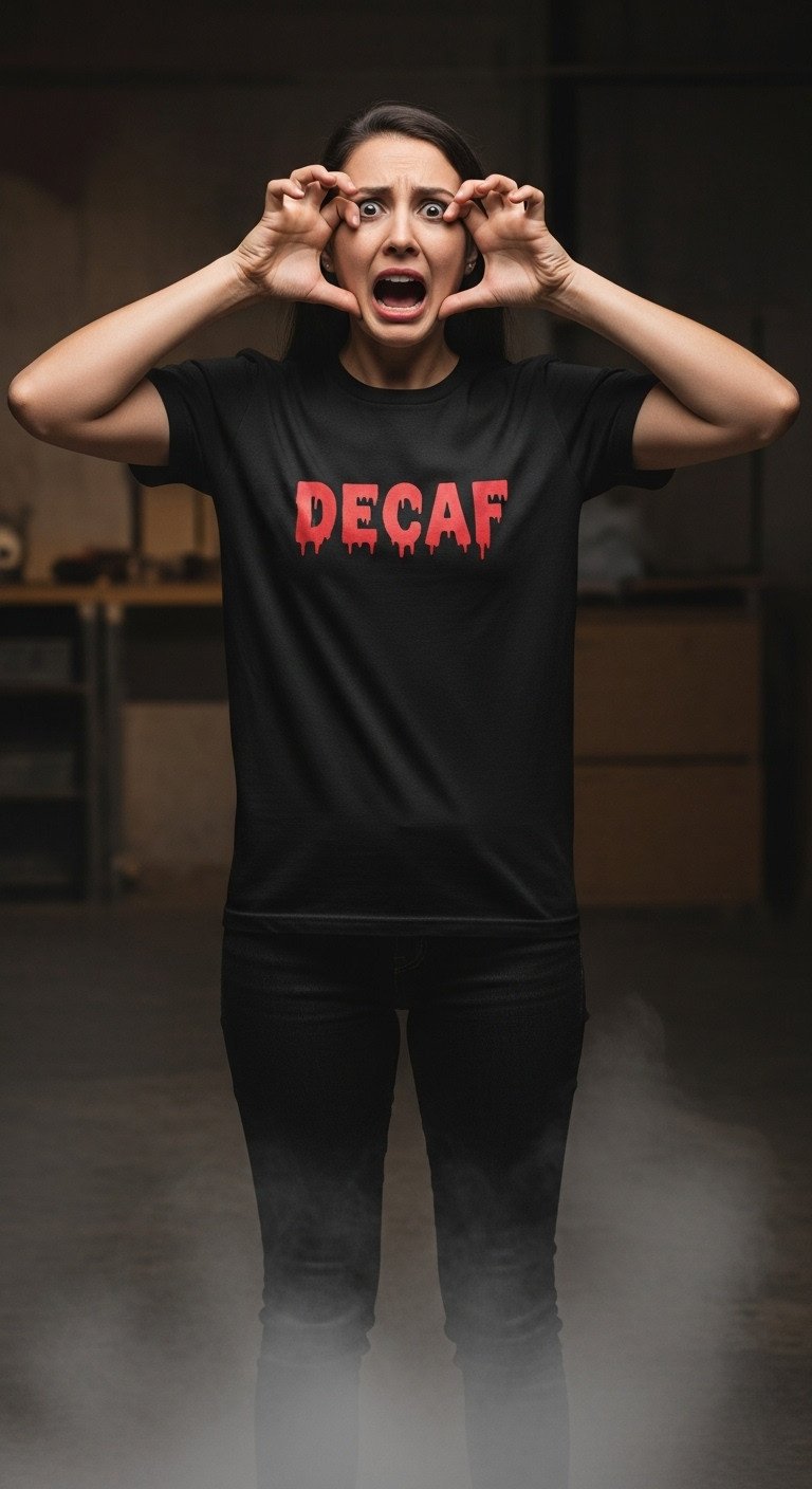 Person in black "DECAF" t-shirt with blood-red dripping font making a terrified face with swirling fog in a dark room