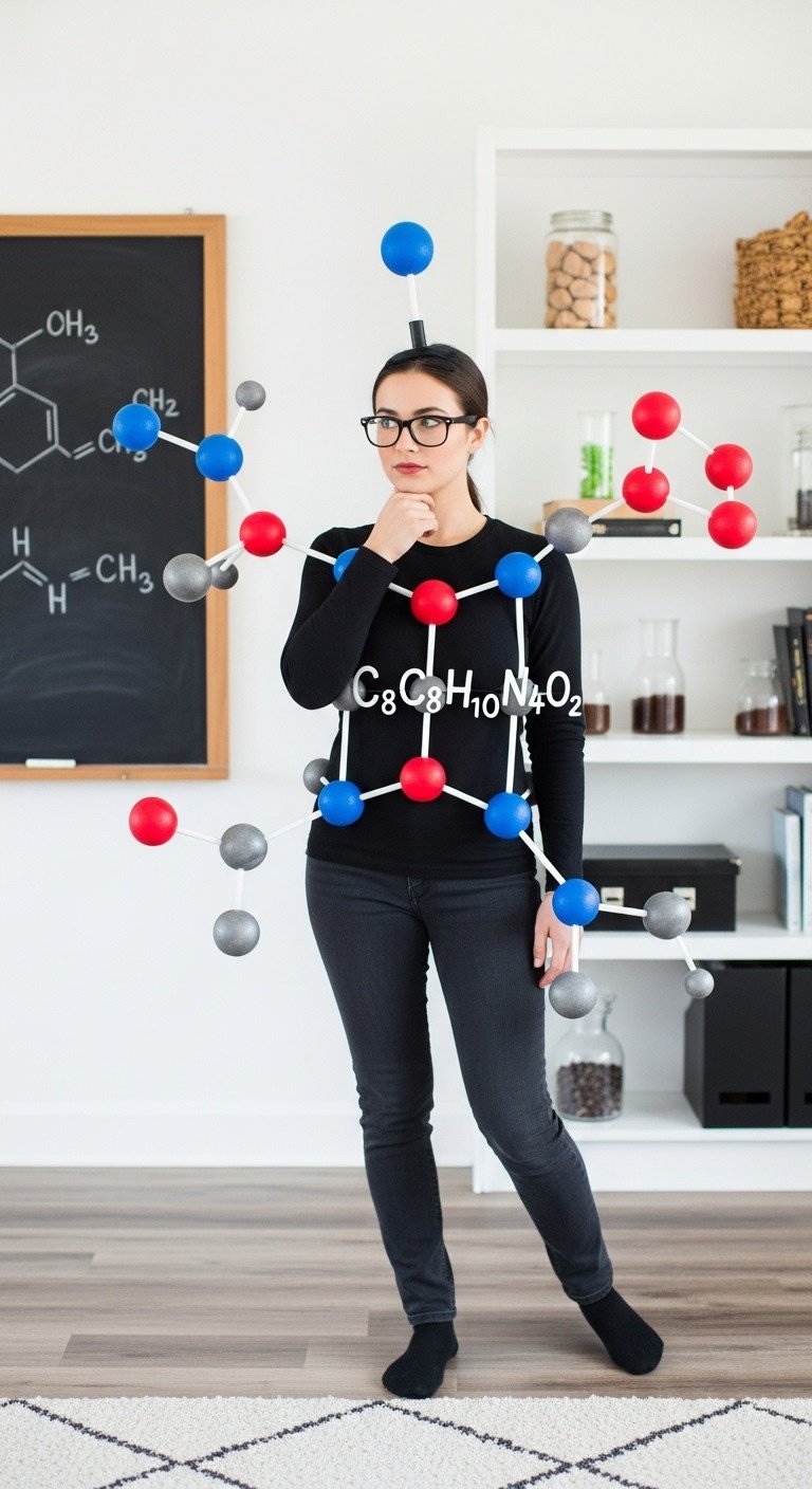 Person in black clothes wearing a DIY caffeine molecule costume with colorful foam balls and sticks