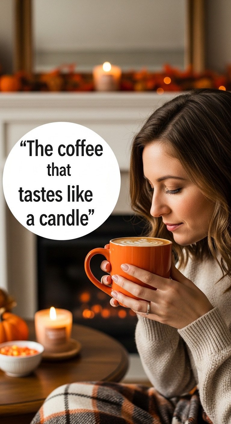 Person ironically sniffing a pumpkin spice latte in an orange mug with a blurred lit pumpkin-scented candle in background