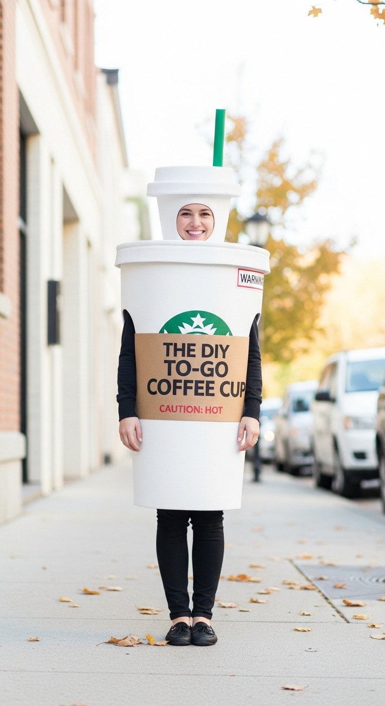 Person wearing a life-sized DIY to-go coffee cup costume with green logo and straw on an urban sidewalk