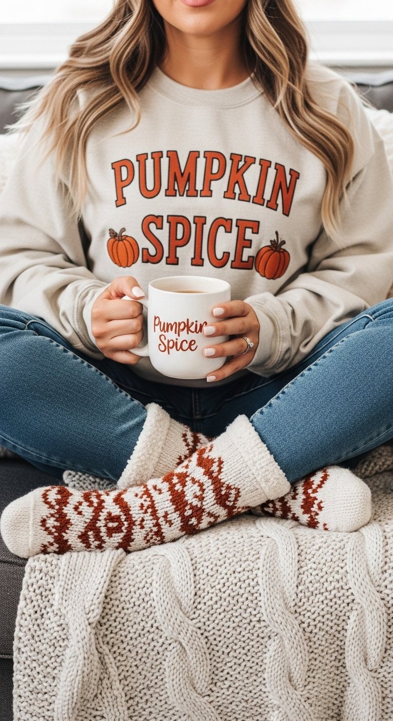13 Cozy Pumpkin Coffee Aesthetic Ideas for Fall Vibes 23 Person wearing pumpkin spice sweatshirt and fuzzy socks curled on couch with coffee mug and knit blanket in cozy indoor space