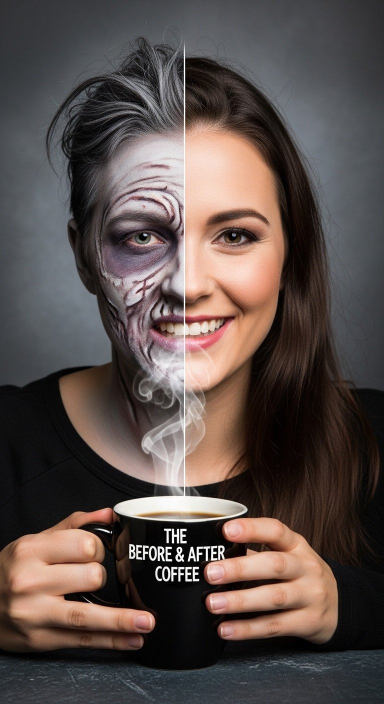 Person with split zombie and awake face makeup holding steaming coffee mug in dramatic side lighting