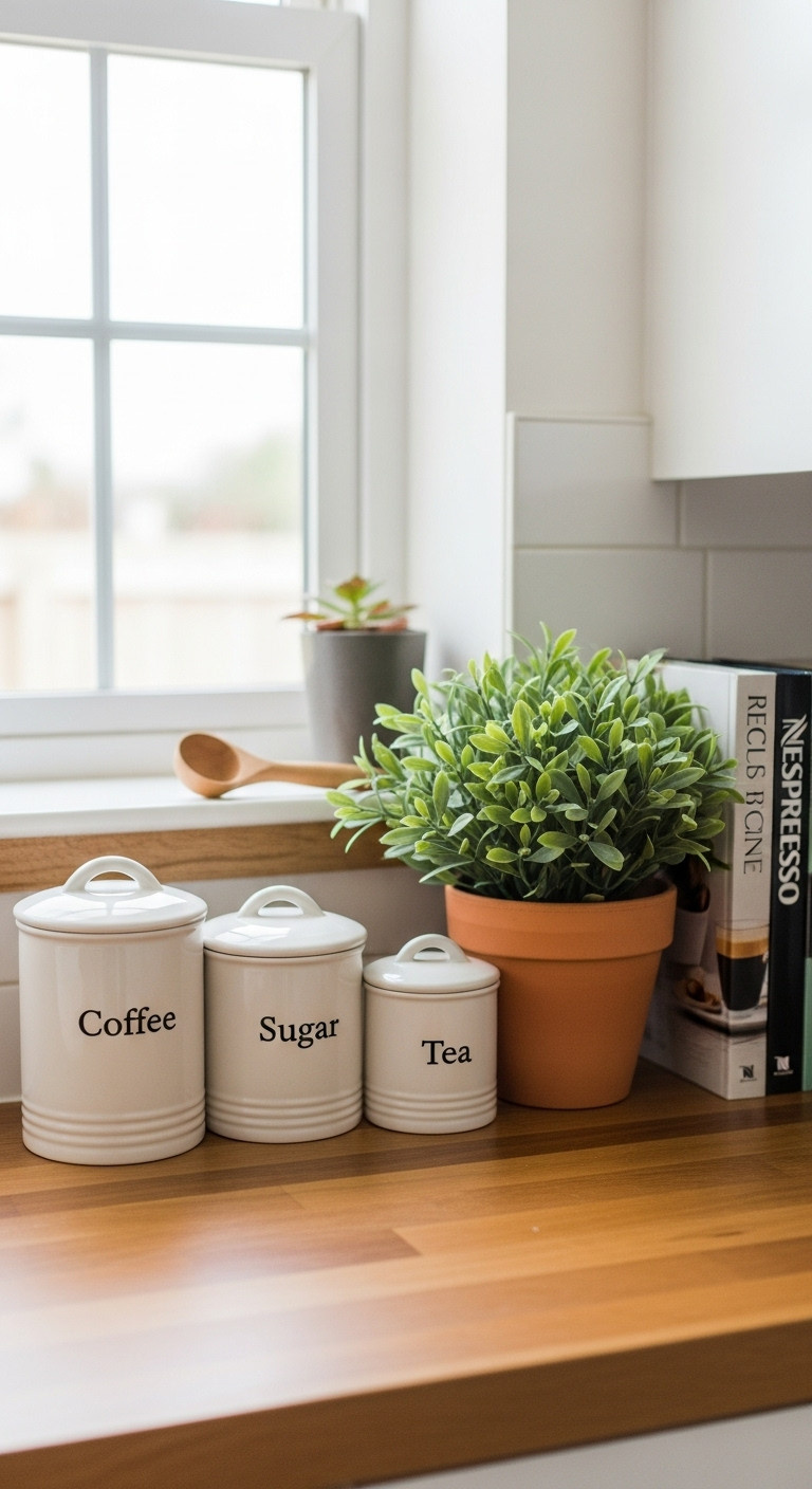 Personalized Nespresso coffee bar decor with white ceramic canisters for coffee sugar tea green plant on butcher block countertop