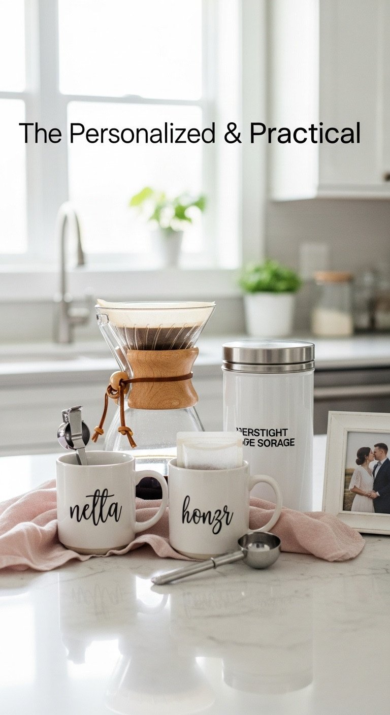 Personalized and practical coffee basket with pour over maker personalized mugs scoop clip and storage container on countertop
