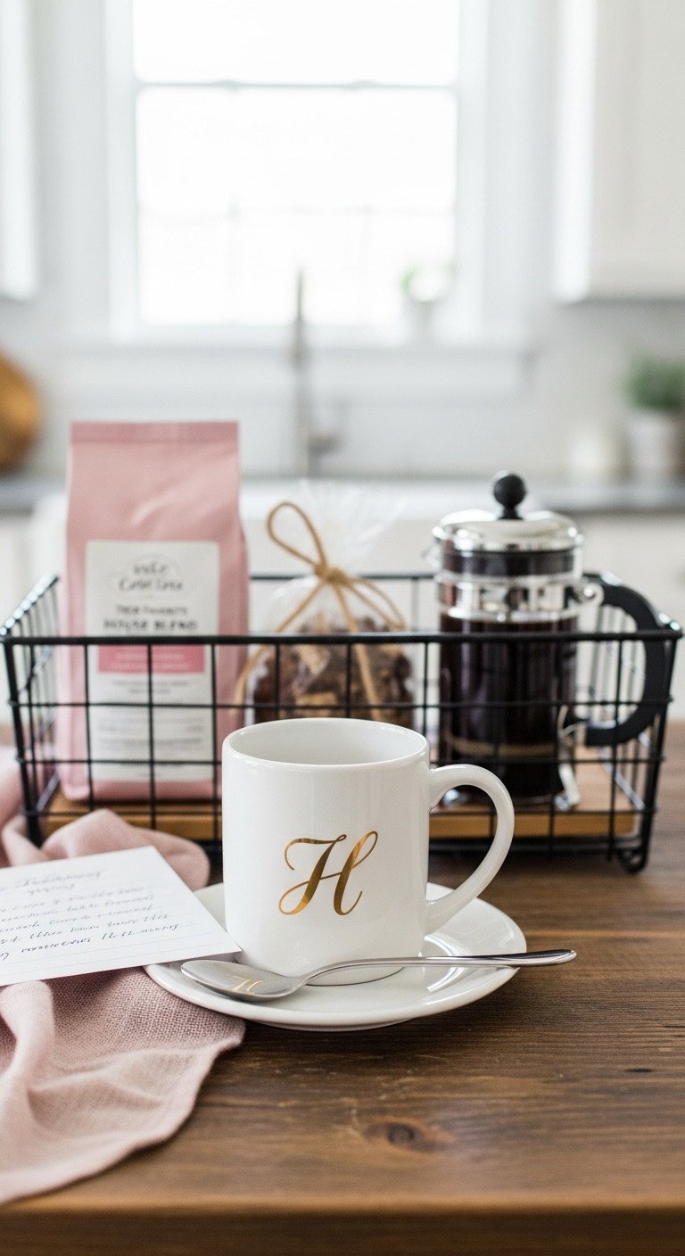 Personalized brew master housewarming gift basket with monogrammed mug house blend coffee French press and handwritten note