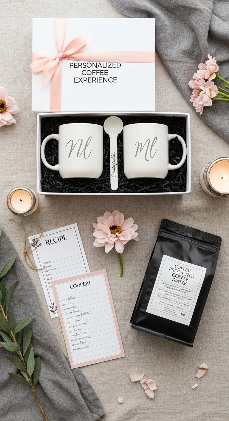 Personalized coffee experience gift box with engraved mugs custom scoop and custom labeled coffee bag on a tablecloth