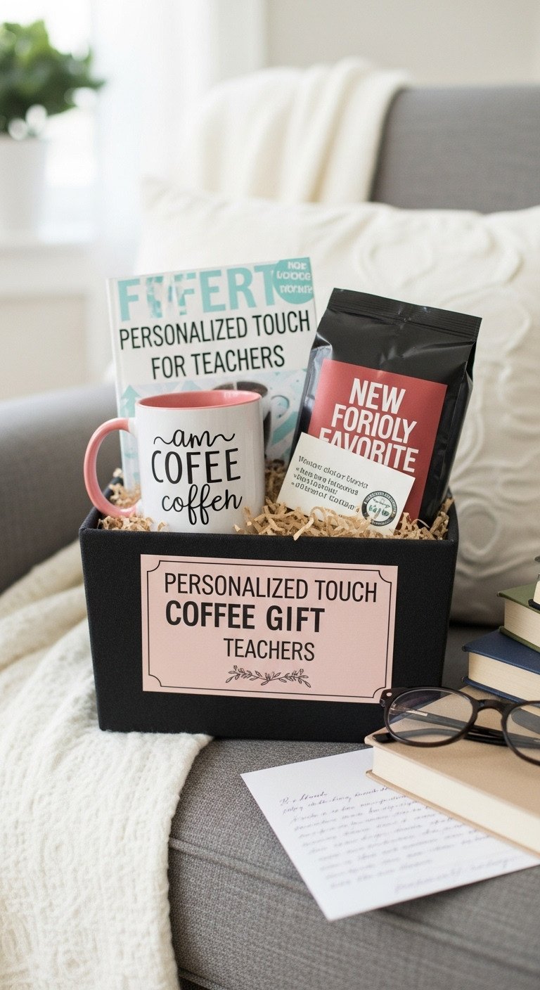 Personalized coffee gift basket for teachers with funny mug new book and favorite coffee on an armchair