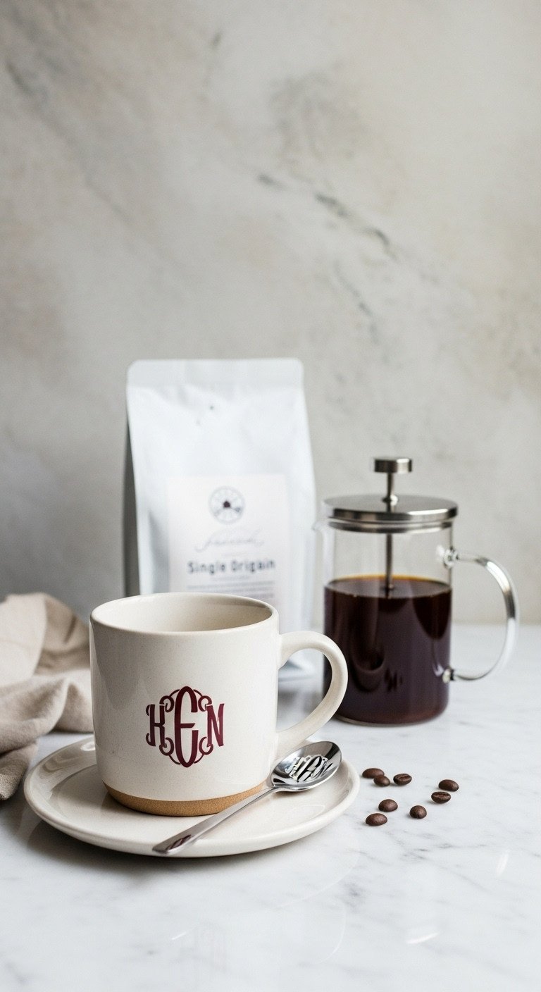 Personalized coffee ritual gift basket with monogrammed mug French press spoon and single-origin coffee beans