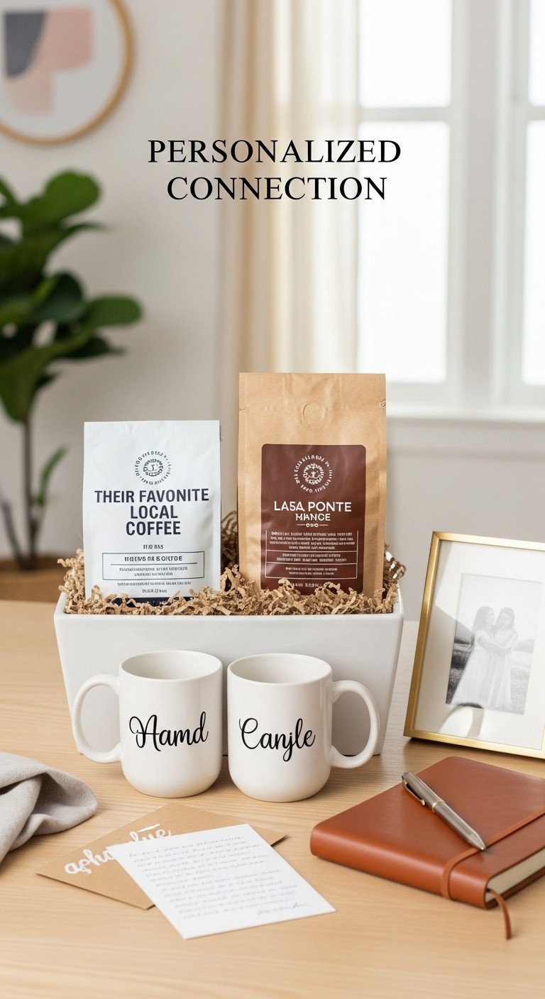 Personalized connection coffee gift basket with custom mugs local coffee notebook pen and photo frame on light wood