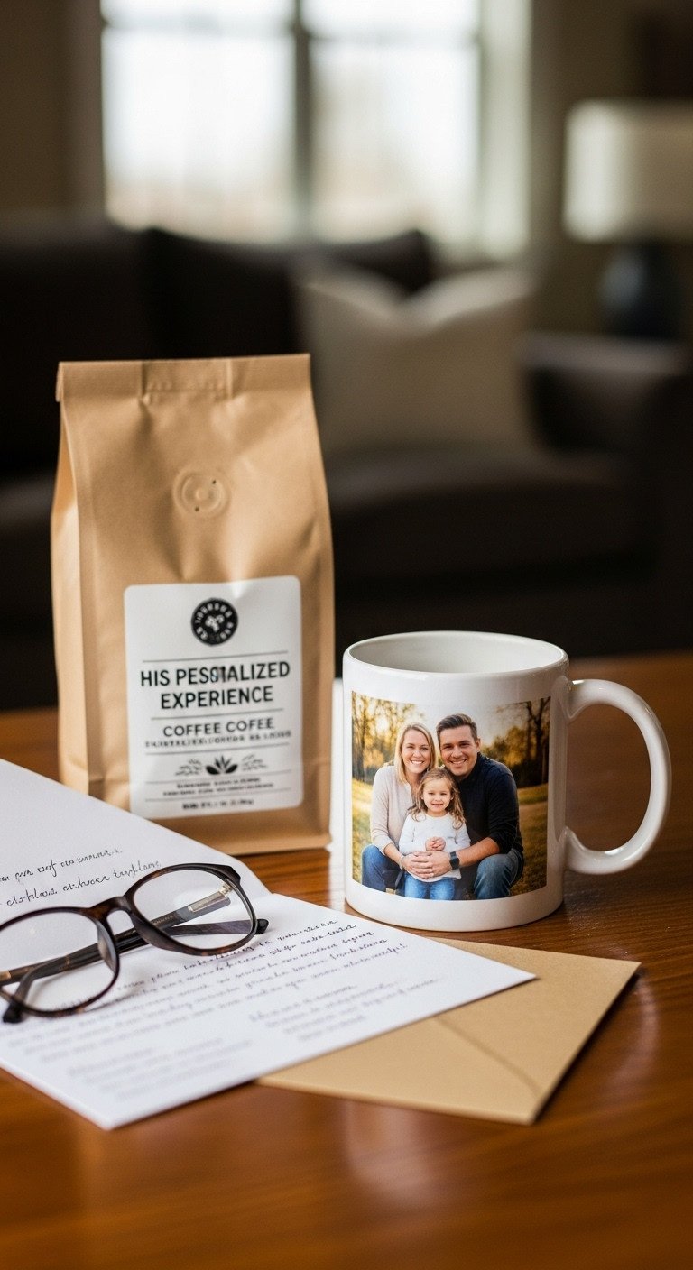 Personalized experience coffee gift basket for dad with custom photo mug favorite coffee and handwritten card on a wooden table