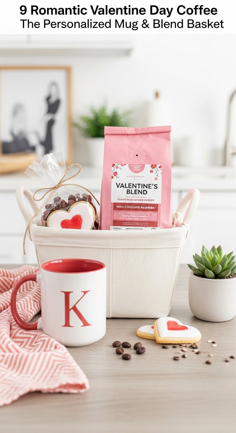 Personalized mug and blend Valentine's Day coffee gift basket with custom mug coffee heart-shaped cookies and succulent