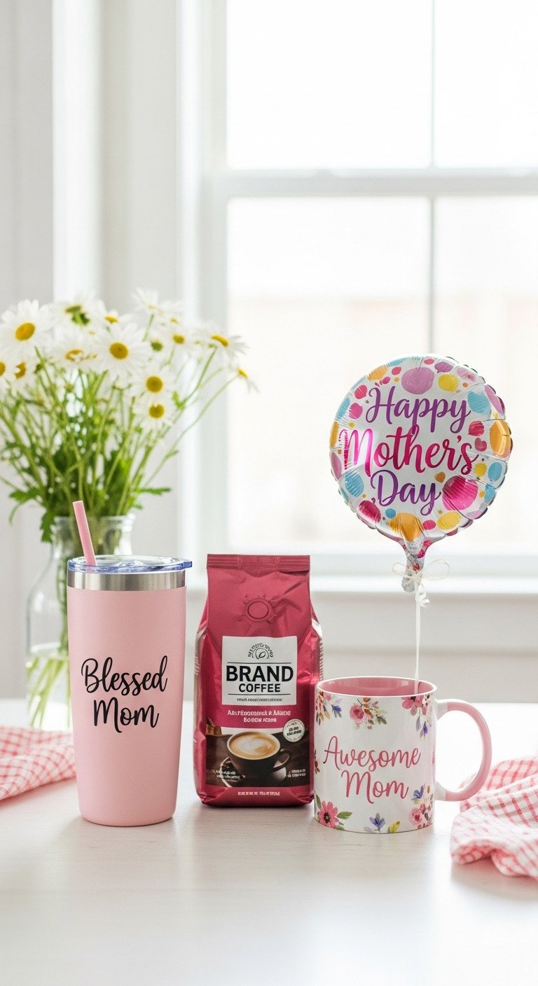 Personalized mug and coffee combo Mother's Day gift basket with a "Blessed Mom" tumbler coffee and "Happy Mother's Day" balloon
