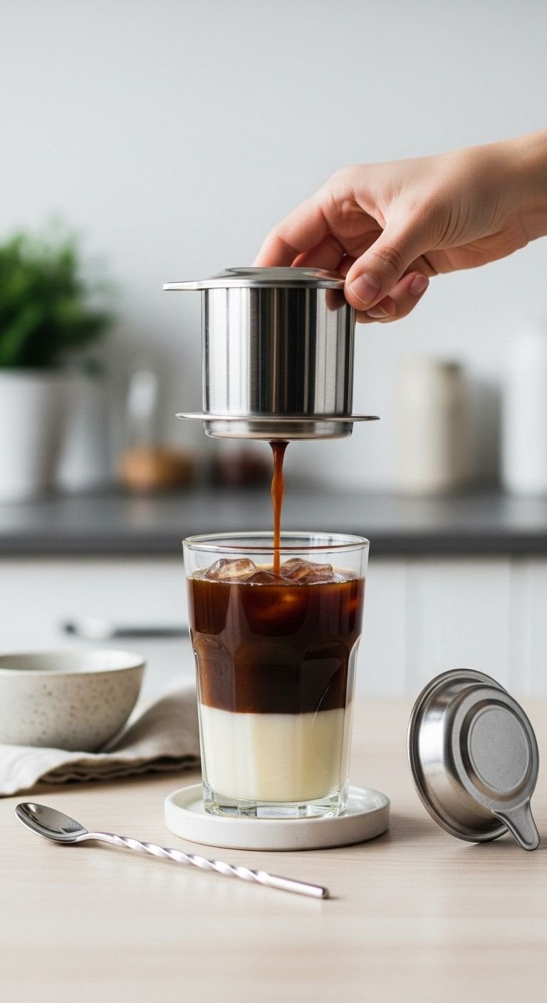How To Make Perfect Vietnamese Iced Coffee The Authentic Way 9 Phin filter lifted from glass, revealing dark brewed coffee layered over white condensed milk on a light wooden table.