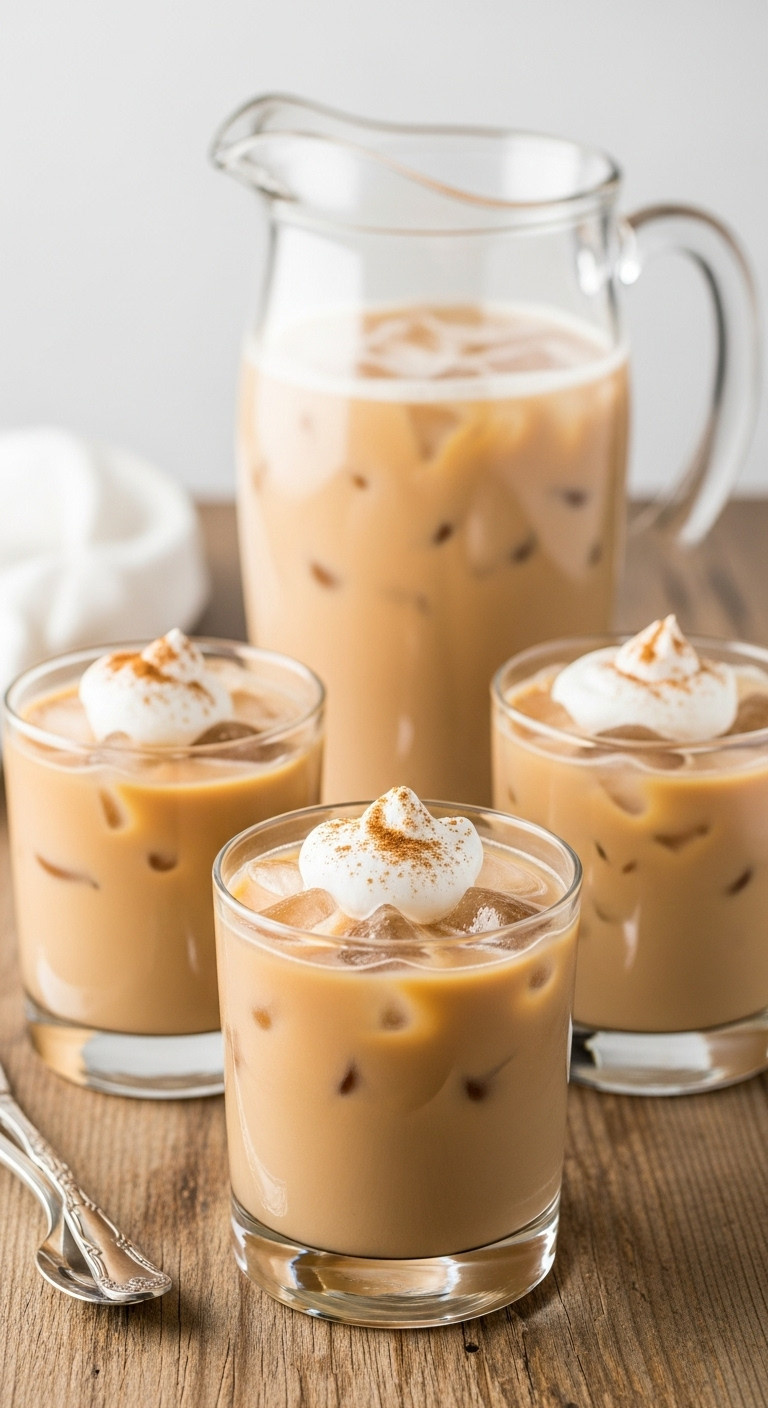 Pitcher and glasses of creamy coffee punch without ice cream served over ice topped with whipped cream and cinnamon on a rustic wooden table