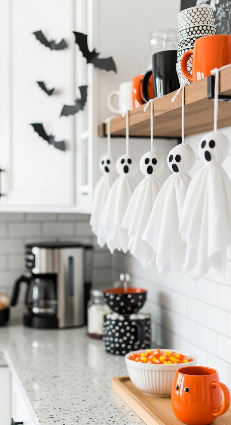 Playful Halloween coffee bar with mini paper bats on wall cheesecloth ghosts hanging candy corn and orange mug bright airy daylight