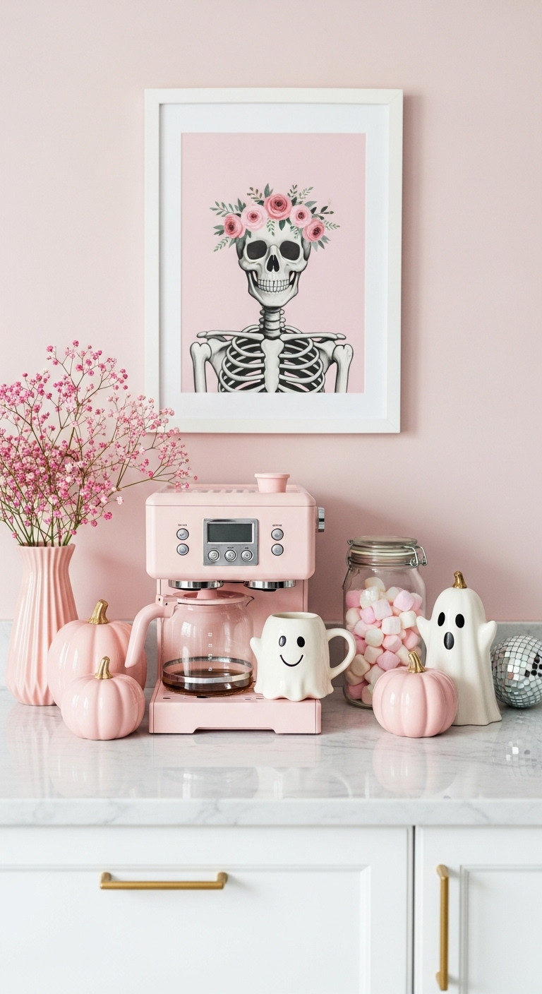 Playful Pink Spooks Halloween coffee corner with pastel pink coffee maker pink pumpkins ghost mug skeleton art print pink marshmallows disco ball ghost