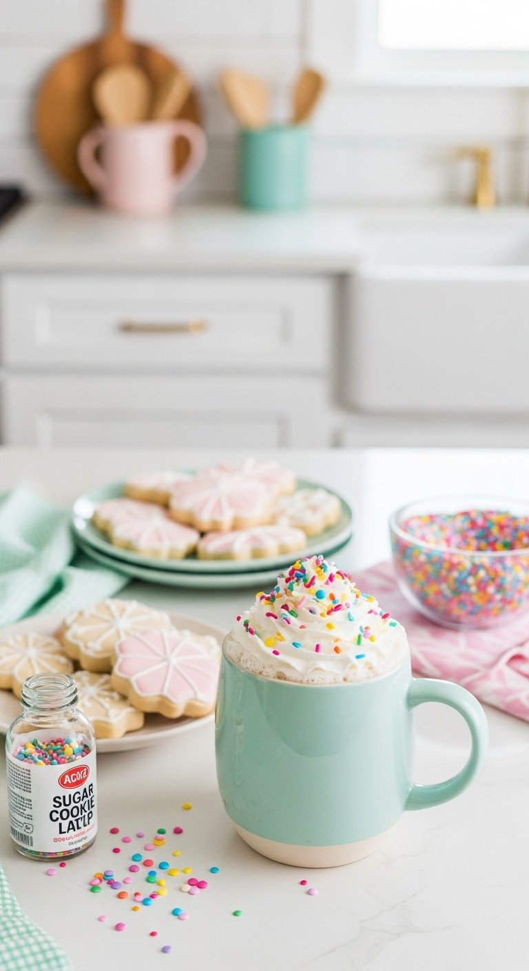 Playful Sweet Sugar Cookie Latte with whipped cream and festive sprinkles in a pastel mug on a white counter with decorated cookies