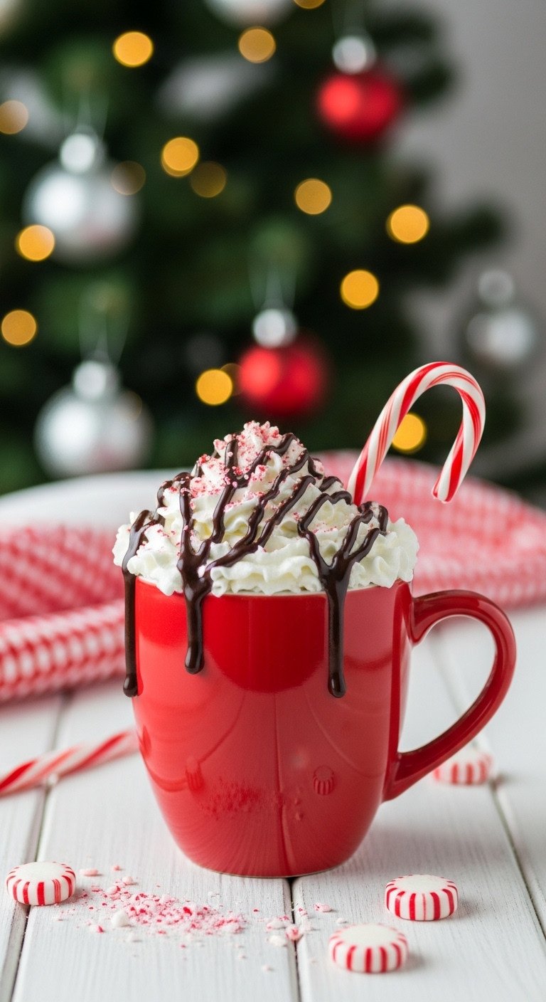 Playful festive Candy Cane Latte in a red mug with whipped cream chocolate sauce and a full candy cane by a blurred Christmas tree