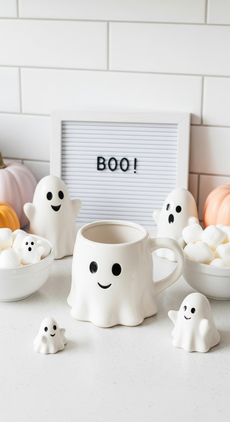 Playful ghost themed Halloween coffee bar with smiling ghost mug figurines BOO sign ghost marshmallows and pastel mini pumpkins