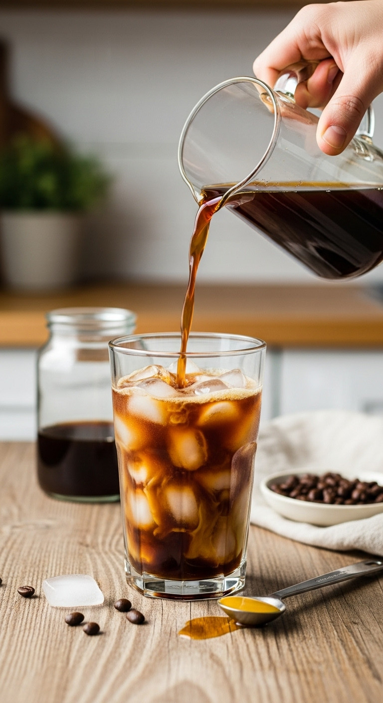 Pouring cold brew coffee into an ice-filled glass with Irish cream syrup and coffee beans on a rustic wooden table
