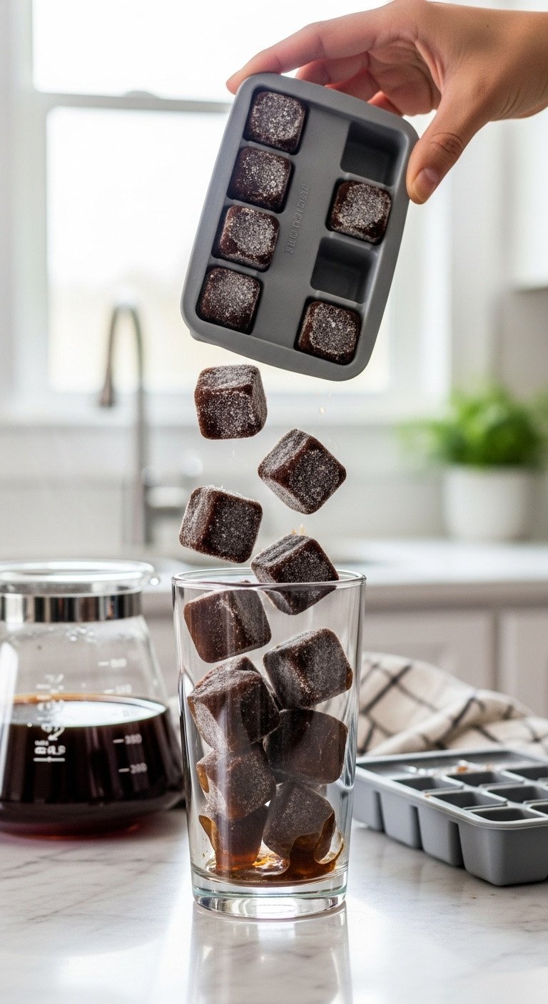Pouring dark coffee ice cubes from silicone tray into glass on marble. Kitchen hack for rich, non-watery iced coffee recipe.