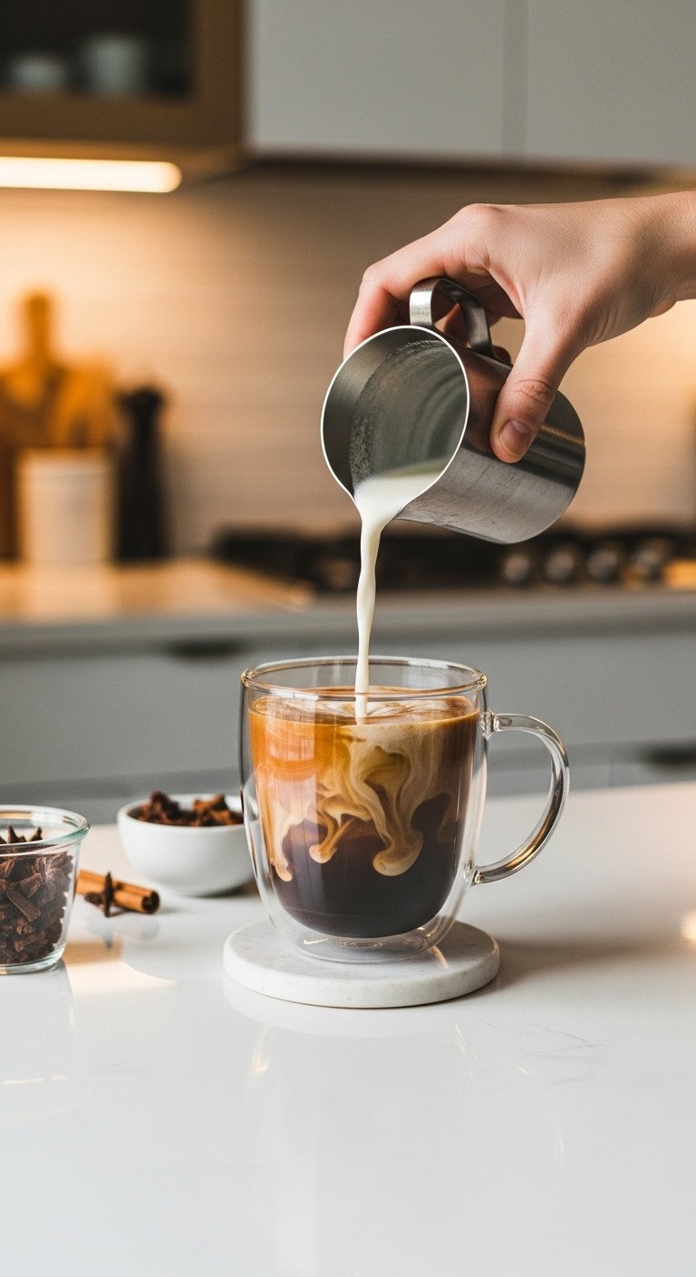 Easy Creamy Keto Pumpkin Spice Latte Better Than Starbucks 13 Pouring frothy spiced milk into a clear glass mug with dark coffee, creating layers for a keto pumpkin spice latte.