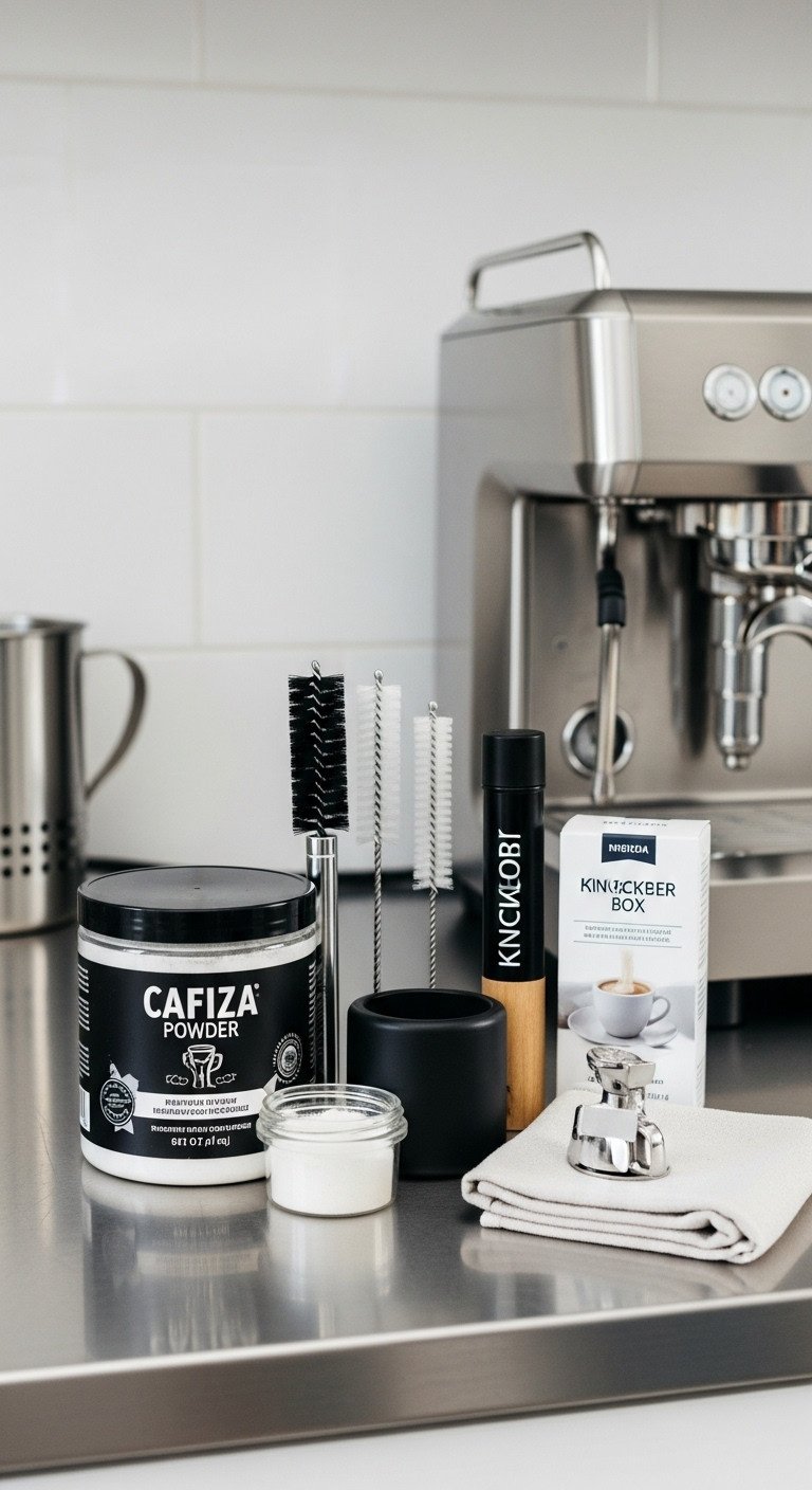Practical gift basket with Cafiza cleaning powder specialized brushes knock box and microfiber cloths on a stainless steel countertop