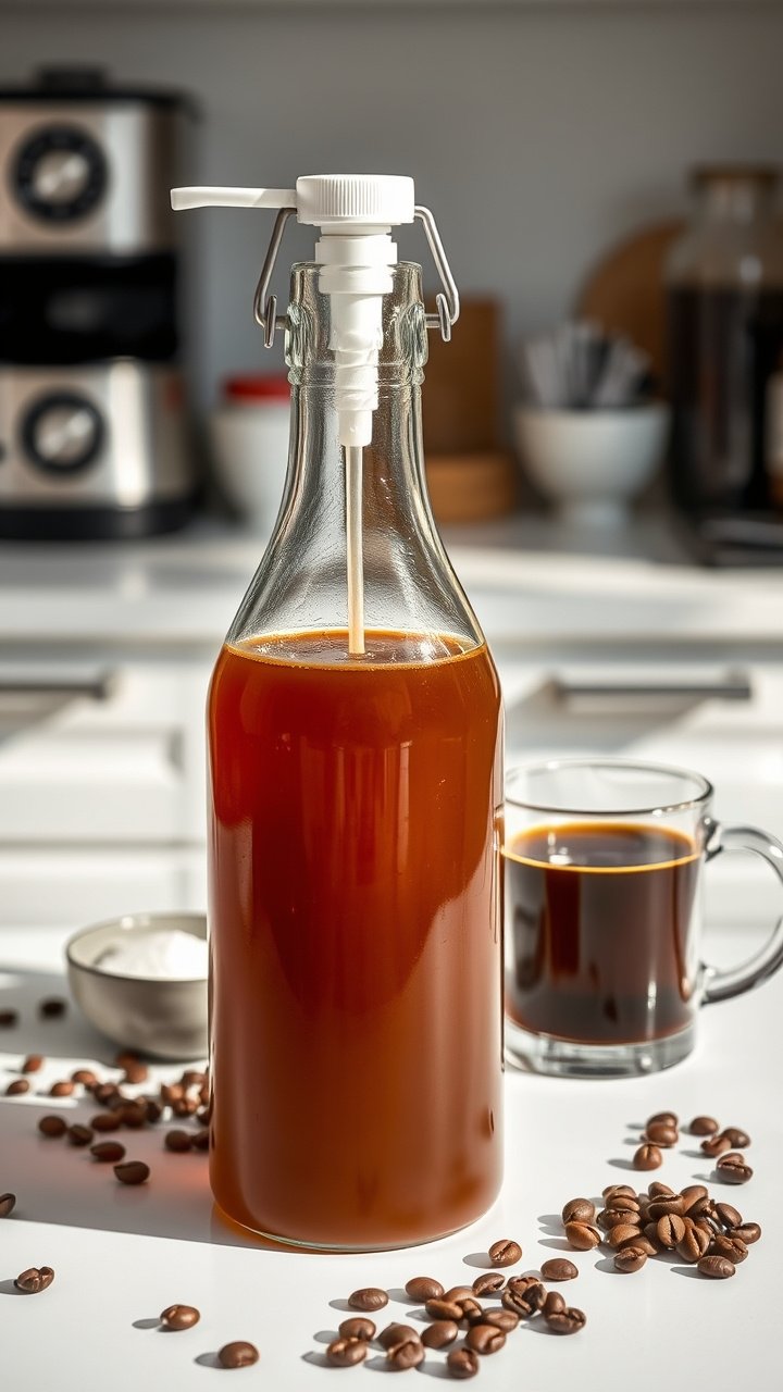 9 Delicious Pumpkin Coffee Ideas Beyond Basic Lattes 17 Prep Ahead Hero 5 Minute Pumpkin Spice Syrup in a glass bottle with dispenser pump next to coffee sugar and coffee beans on white kitchen counter