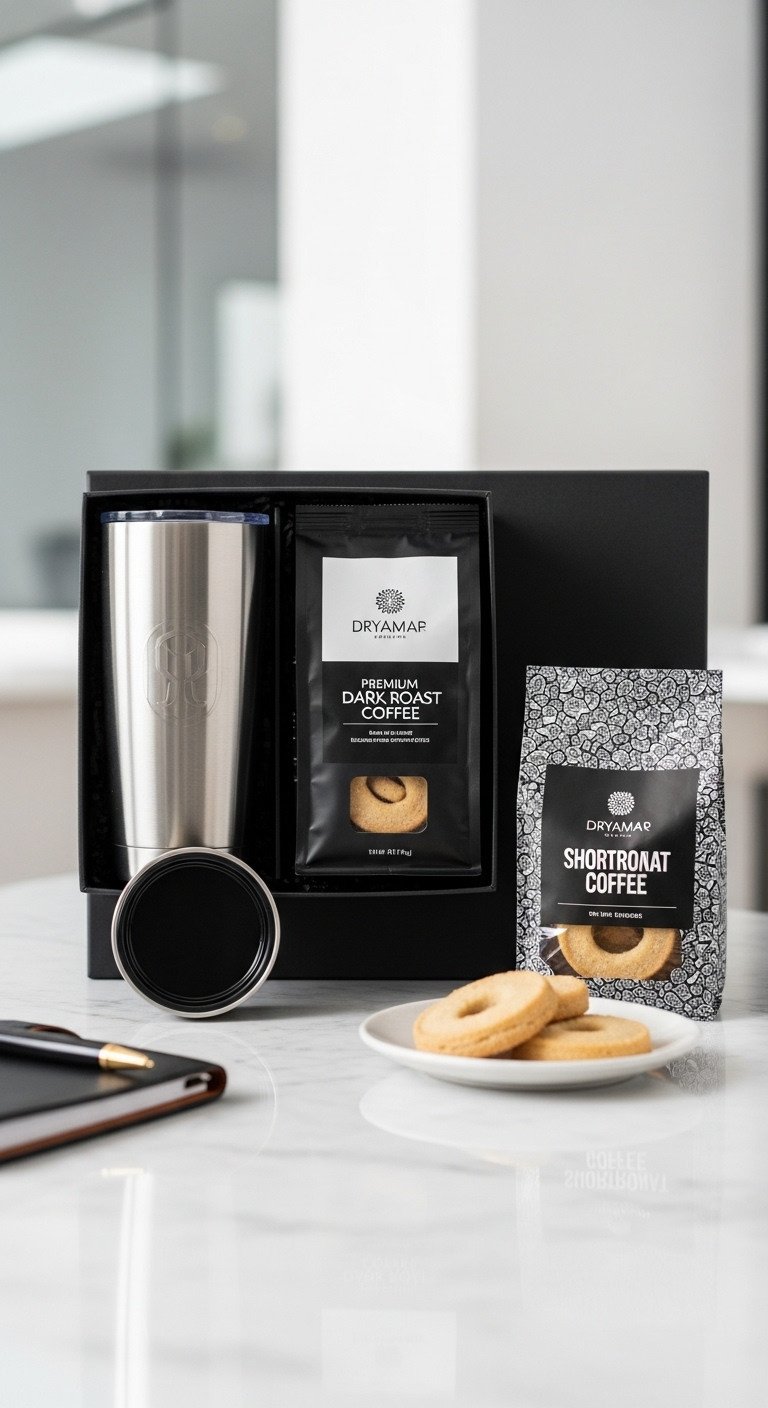 Professional corporate coffee gift basket with insulated tumbler premium dark roast coffee and gourmet shortbread cookies on marble