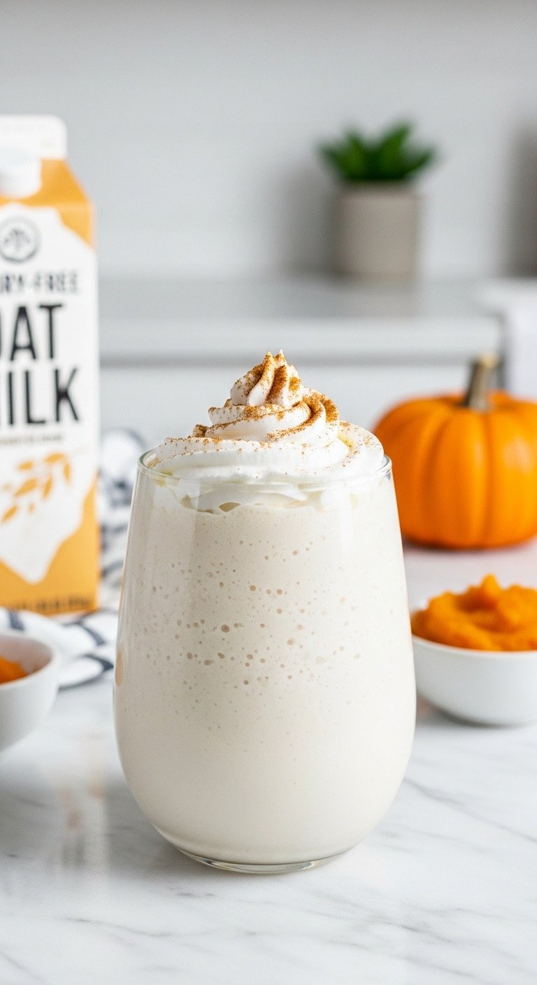 Simple Creamy Pumpkin Coffee Frappe You Can Make At Home 3 Professional hyperrealistic creamy pumpkin coffee frappe in a tall glass with whipped cream and spice on a rustic wooden table with a pumpkin.