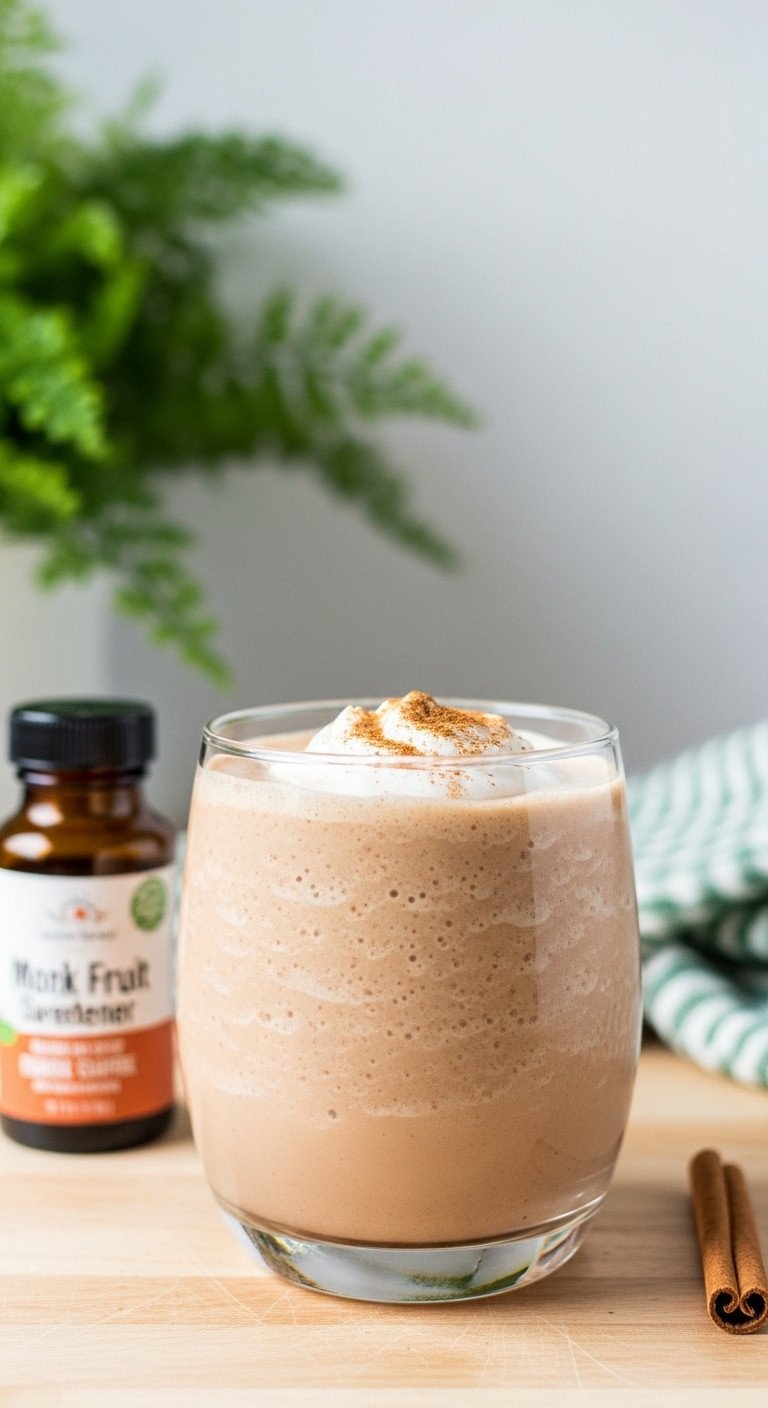 Simple Creamy Pumpkin Coffee Frappe You Can Make At Home 5 Professional hyperrealistic creamy pumpkin coffee frappe in a tall glass with whipped cream and spice on a rustic wooden table with a pumpkin.
