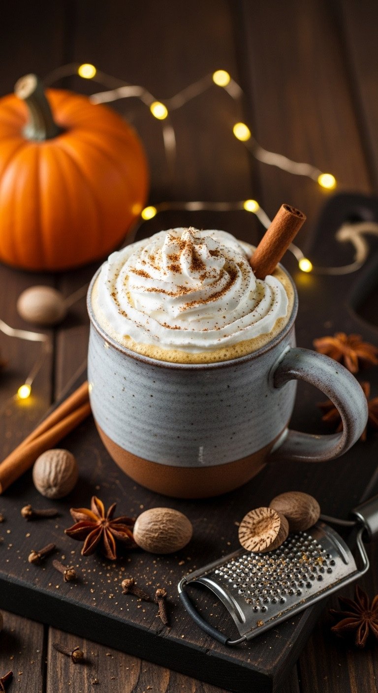 Simple Creamy Pumpkin Coffee Frappe You Can Make At Home 7 Professional hyperrealistic creamy pumpkin coffee frappe in a tall glass with whipped cream and spice on a rustic wooden table with a pumpkin.