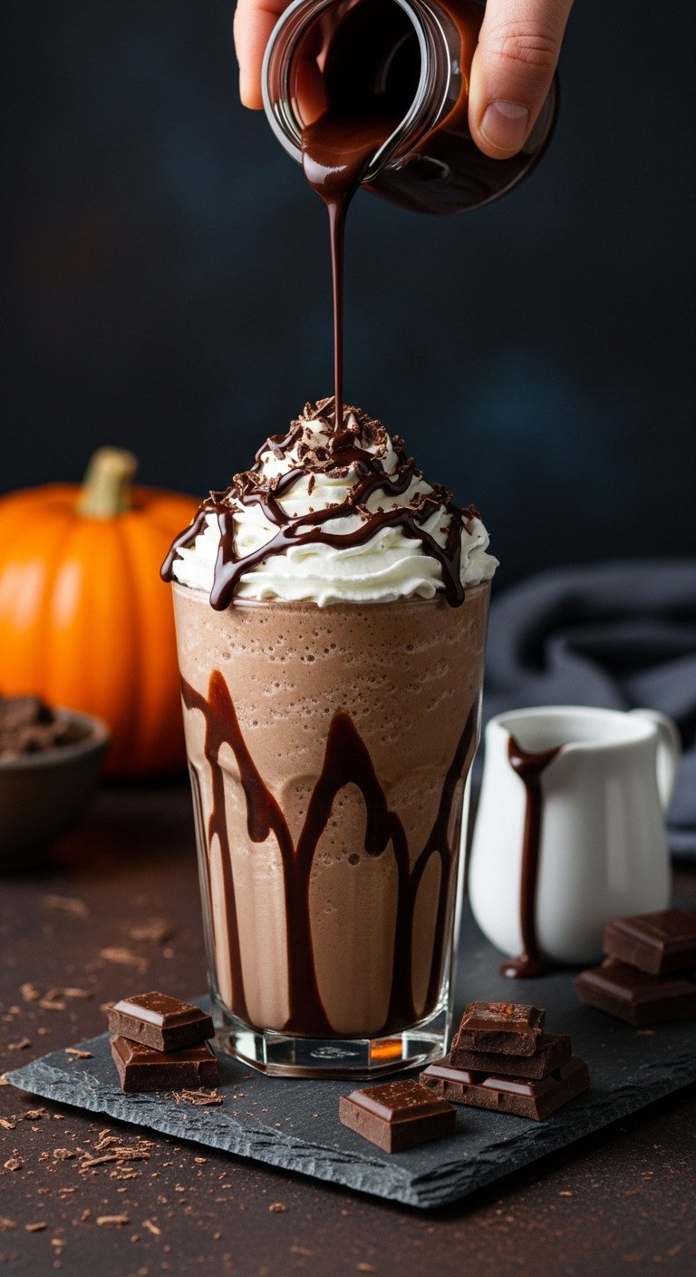 Simple Creamy Pumpkin Coffee Frappe You Can Make At Home 9 Professional hyperrealistic creamy pumpkin coffee frappe in a tall glass with whipped cream and spice on a rustic wooden table with a pumpkin.