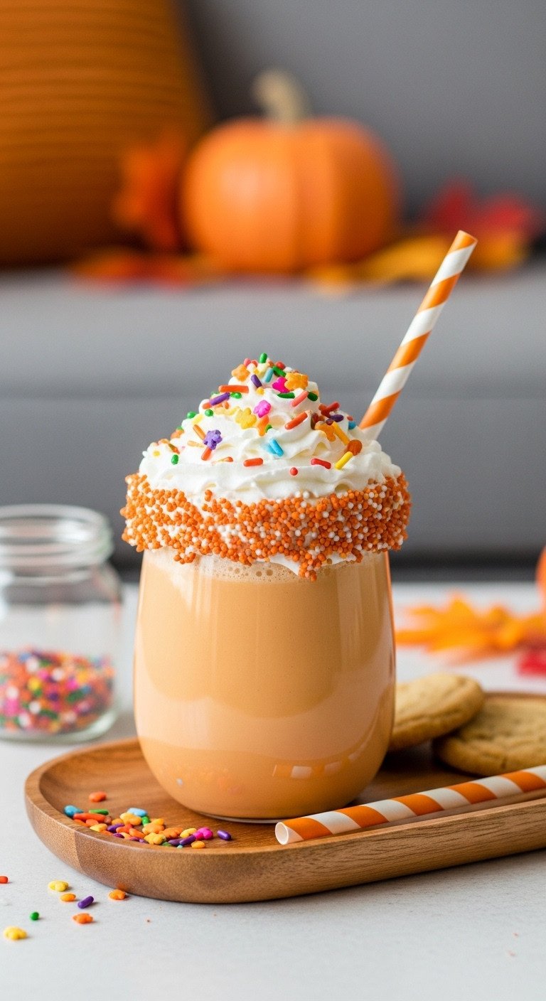Simple Creamy Pumpkin Coffee Frappe You Can Make At Home 13 Professional hyperrealistic creamy pumpkin coffee frappe in a tall glass with whipped cream and spice on a rustic wooden table with a pumpkin.