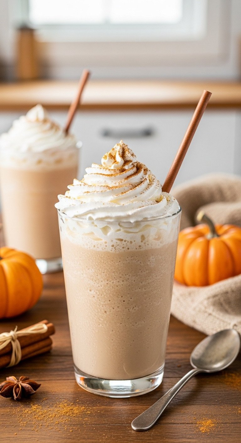 Simple Creamy Pumpkin Coffee Frappe You Can Make At Home 1 Professional hyperrealistic creamy pumpkin coffee frappe in a tall glass with whipped cream and spice on a rustic wooden table with a pumpkin.