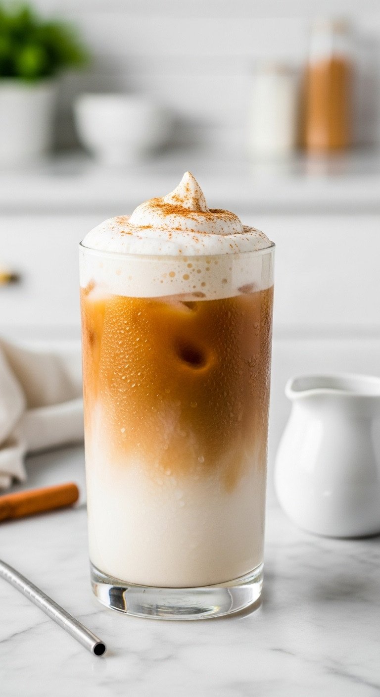 7 Genius Pumpkin Coffee Drinks To Make At Home 3 Professional hyperrealistic homemade pumpkin spice latte in a ceramic mug with whipped cream and cinnamon on a rustic wooden table.