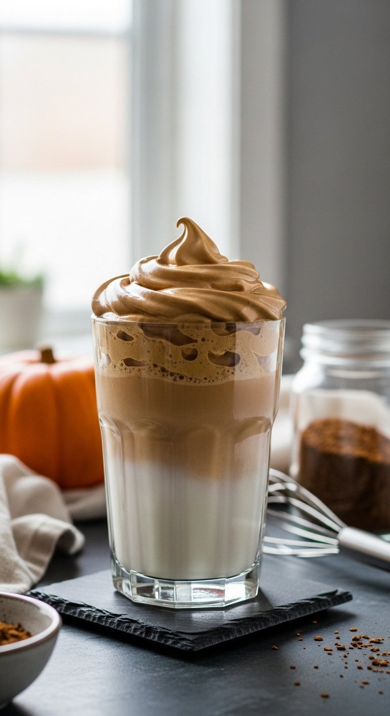 7 Genius Pumpkin Coffee Drinks To Make At Home 9 Professional hyperrealistic homemade pumpkin spice latte in a ceramic mug with whipped cream and cinnamon on a rustic wooden table.