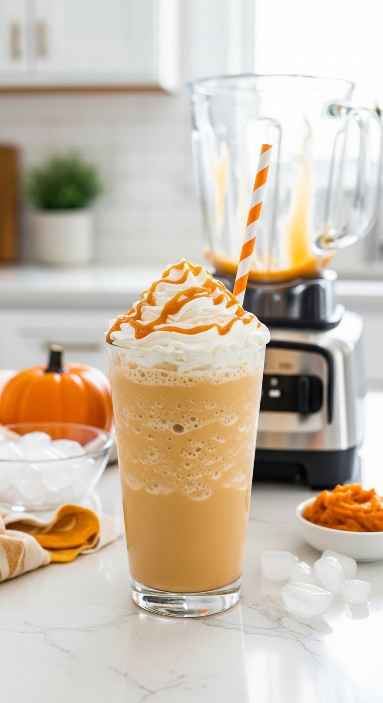 7 Genius Pumpkin Coffee Drinks To Make At Home 11 Professional hyperrealistic homemade pumpkin spice latte in a ceramic mug with whipped cream and cinnamon on a rustic wooden table.