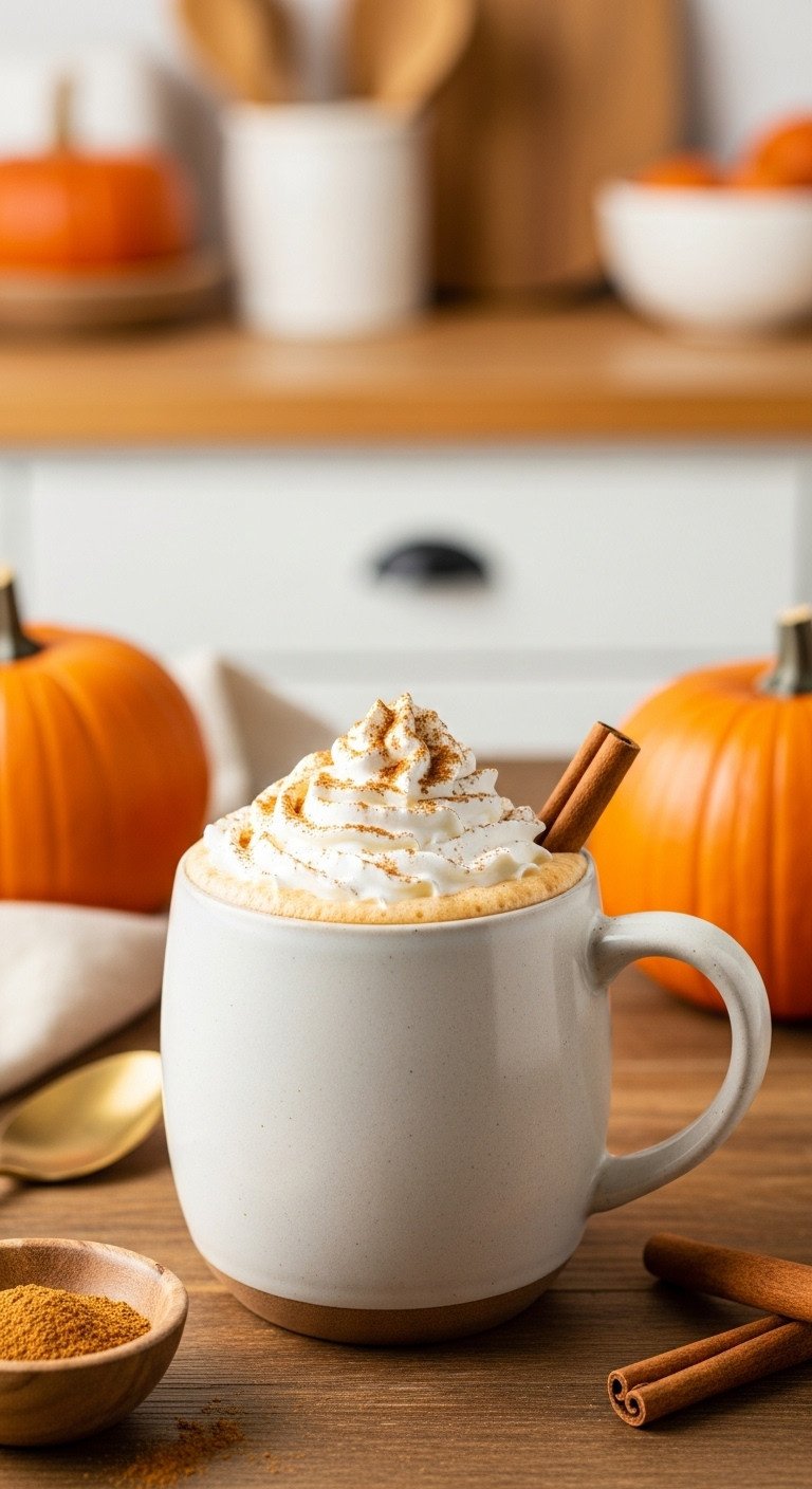 7 Genius Pumpkin Coffee Drinks To Make At Home 1 Professional hyperrealistic homemade pumpkin spice latte in a ceramic mug with whipped cream and cinnamon on a rustic wooden table.