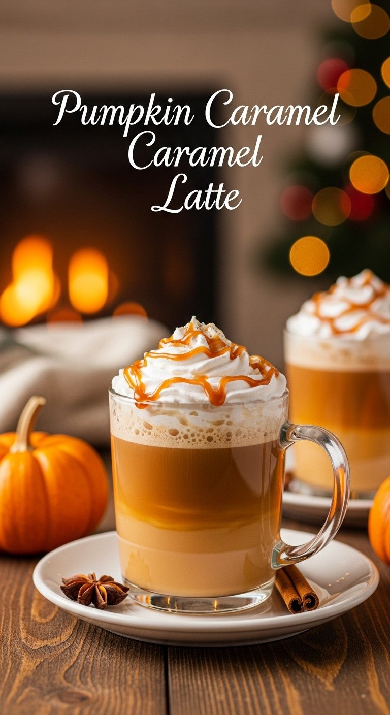 Pumpkin Caramel Latte in a clear glass mug with whipped cream and caramel drizzle on a rustic wooden table by a blurred fireplace