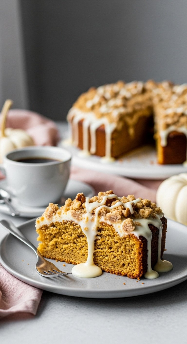 Pumpkin Coffee Cake slice with walnut streusel and cream cheese drizzle on gray plate with coffee and pumpkin