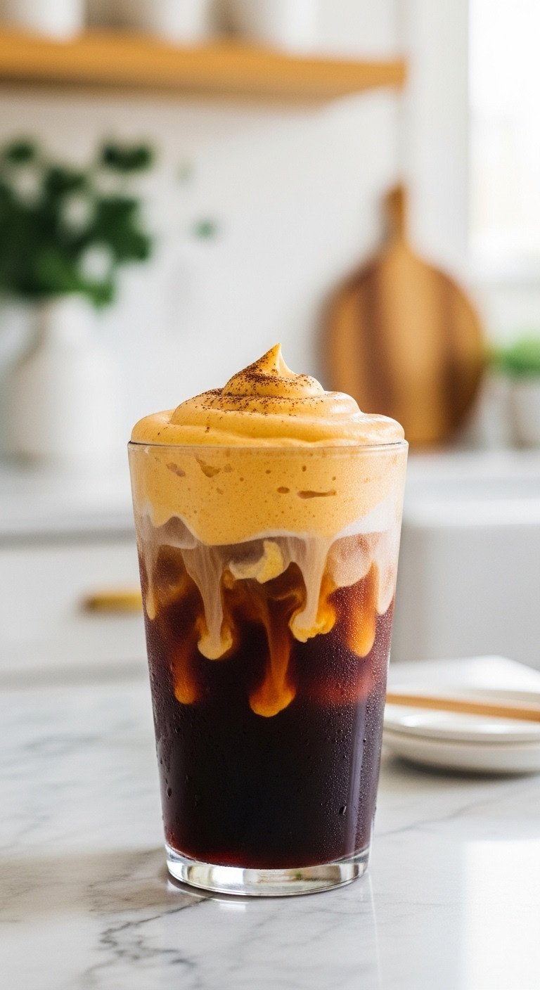 Pumpkin Cream Cold Brew: dark coffee, rich pumpkin cold foam, spice dusting. Clear cup, marble counter, modern kitchen. Fall custom order.