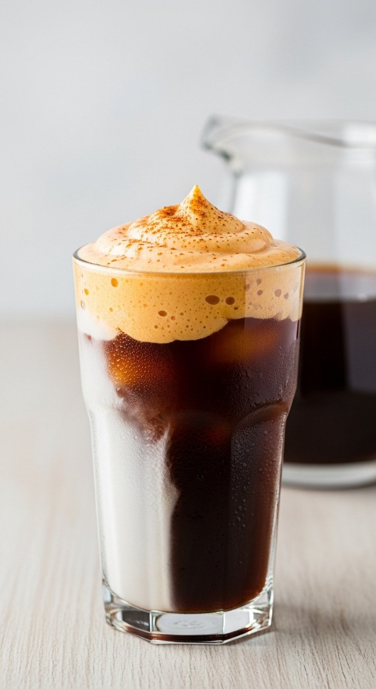 9 Cozy Pumpkin Coffee Fall Recipes Beyond Starbucks Lattes 7 Pumpkin Cream Cold Brew in a tall glass with distinct layers of dark cold brew and light orange pumpkin cream cold foam on wooden surface