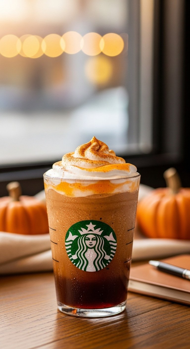 Pumpkin Cream Cold Brew in clear Starbucks cup with frothy orange cold foam, pumpkin spice. Rustic wood table, notebook, cafe window bokeh.