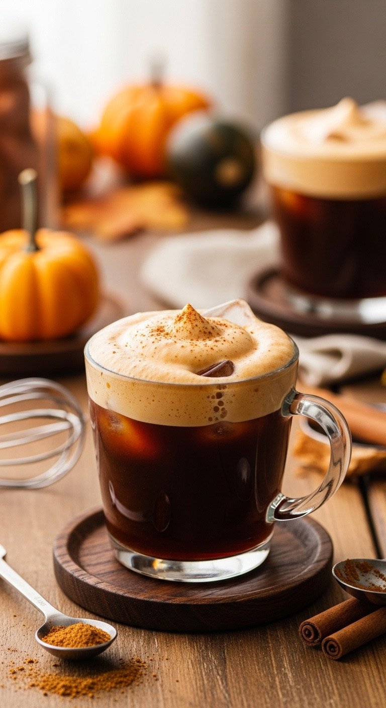 Pumpkin Cream Cold Brew in glass mug with frothy foam, spice, ice on wooden table; cozy fall coffee experience.